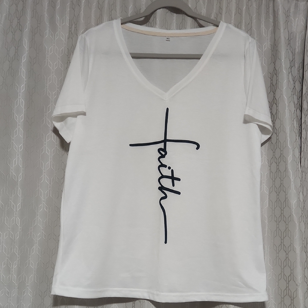 Women's White V-Neck Faith Tee Shirt